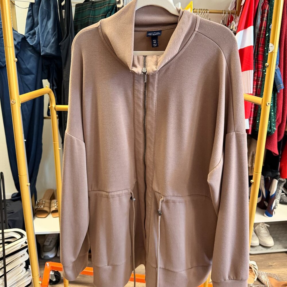 Karen Scott Taupe Zip-Front Hoodie Sweatshirt